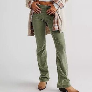 Free People Jenny High Waisted Slim Flare Jeans Sage Green Corduroy Pants